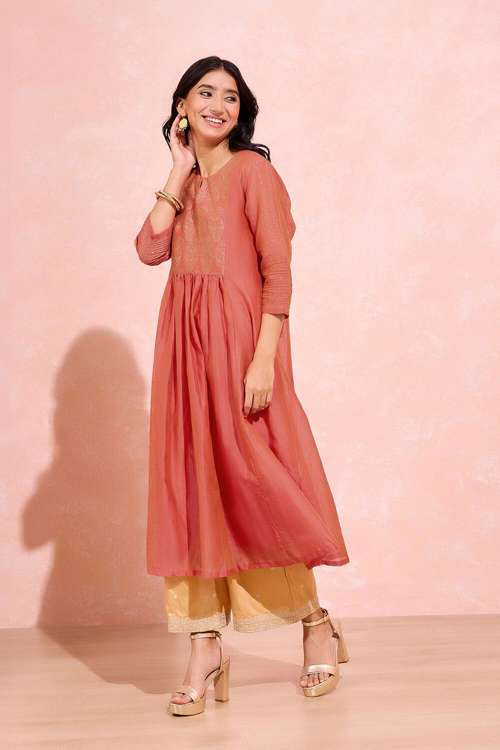 Red Block Printed Pure Silk Cotton Kurta Set image number null