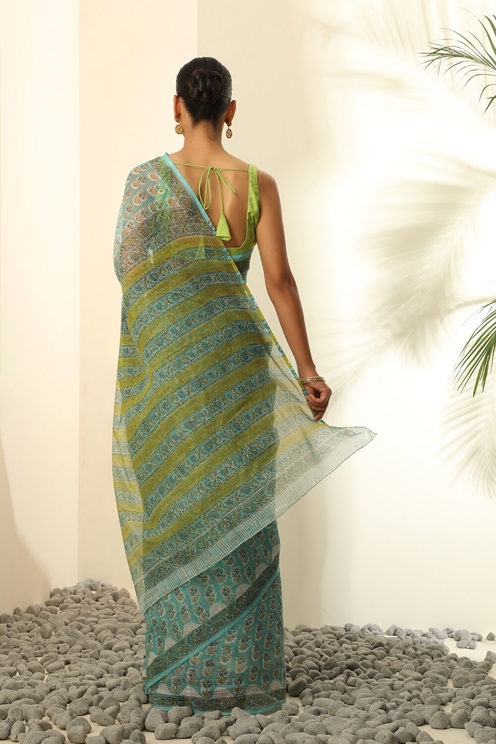 Light Green Pure Cotton Kota Bagru Block Printed Saree image number null