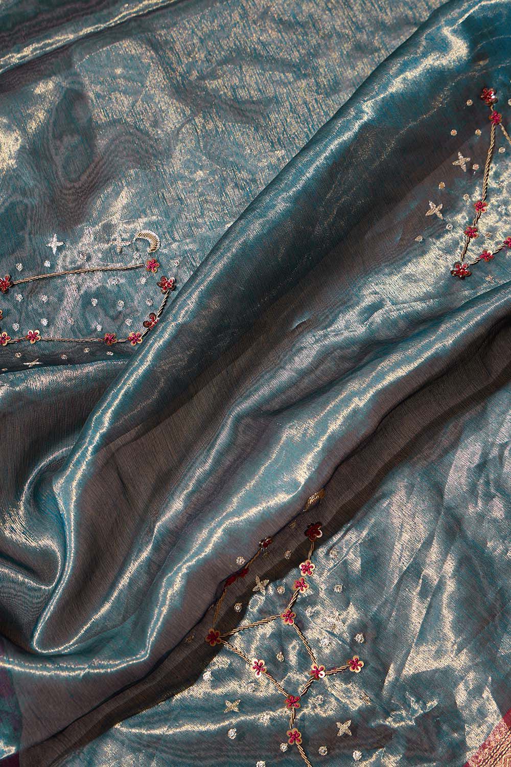 Blue Pure Silk Tissue Embroidered Saree image number null