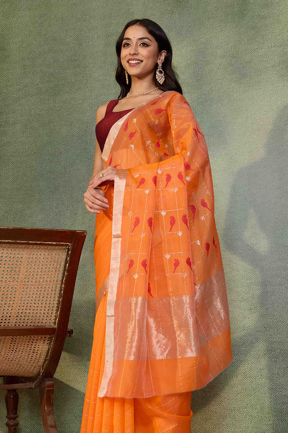 Orange Woven Pure Silk Cotton Chanderi Saree image number null