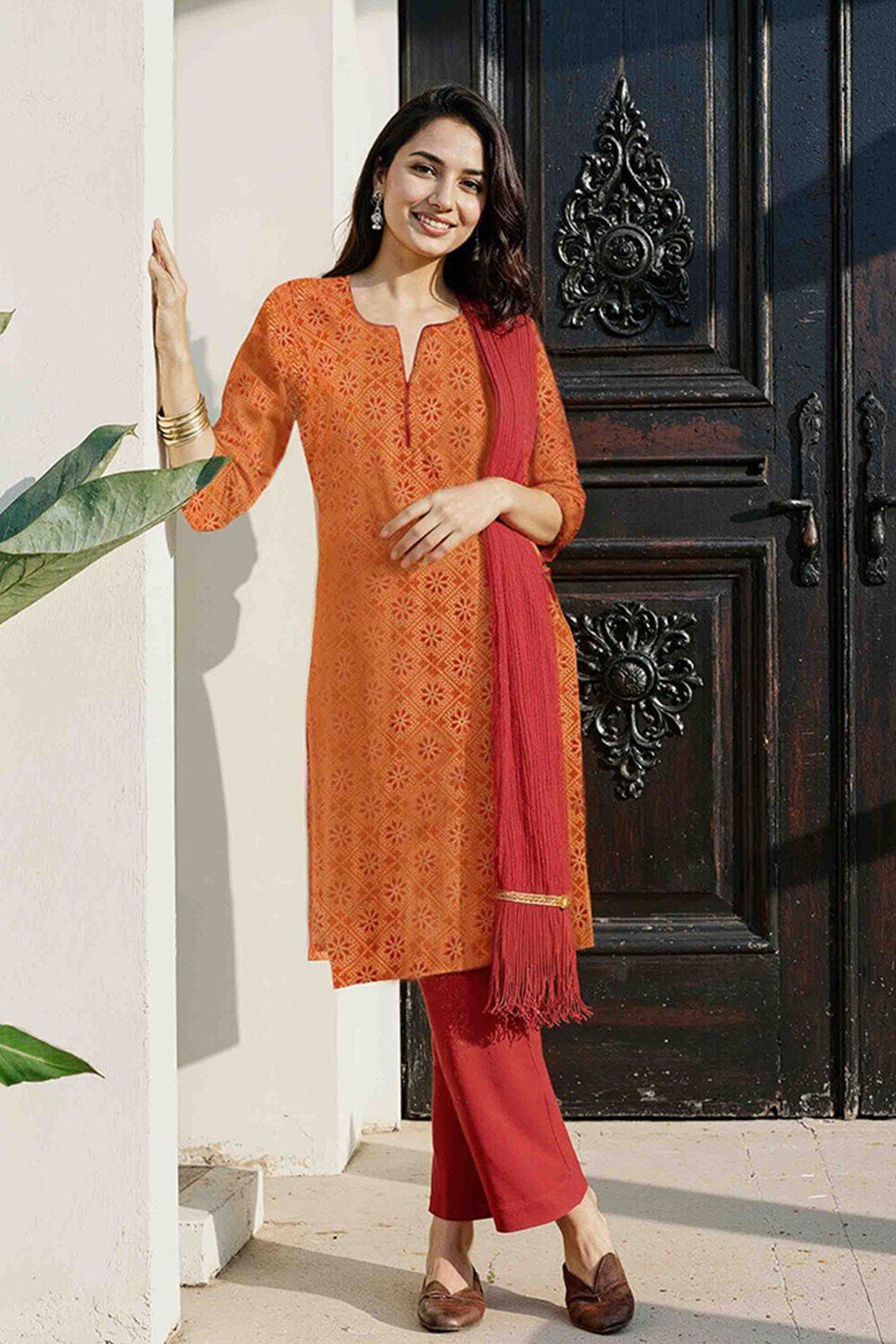 Orange Pure Cotton Screen Printed Kurta Set image number null