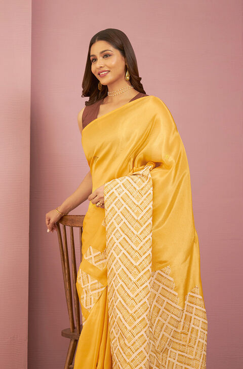 Yellow Pure Tissue Organza Printed Embroidery Saree