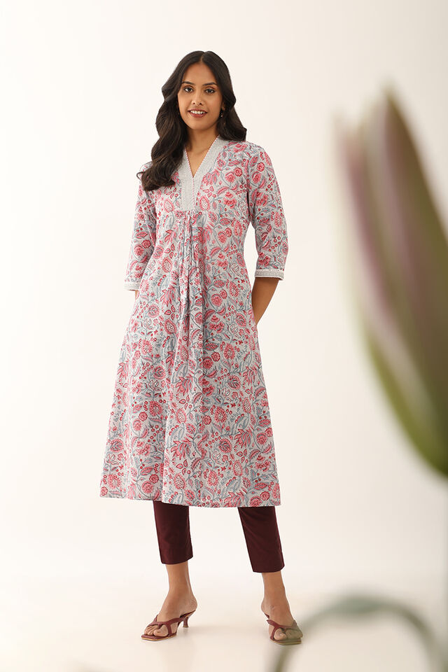 Grey Pure Cotton Block Printed Kurta with Embroidery