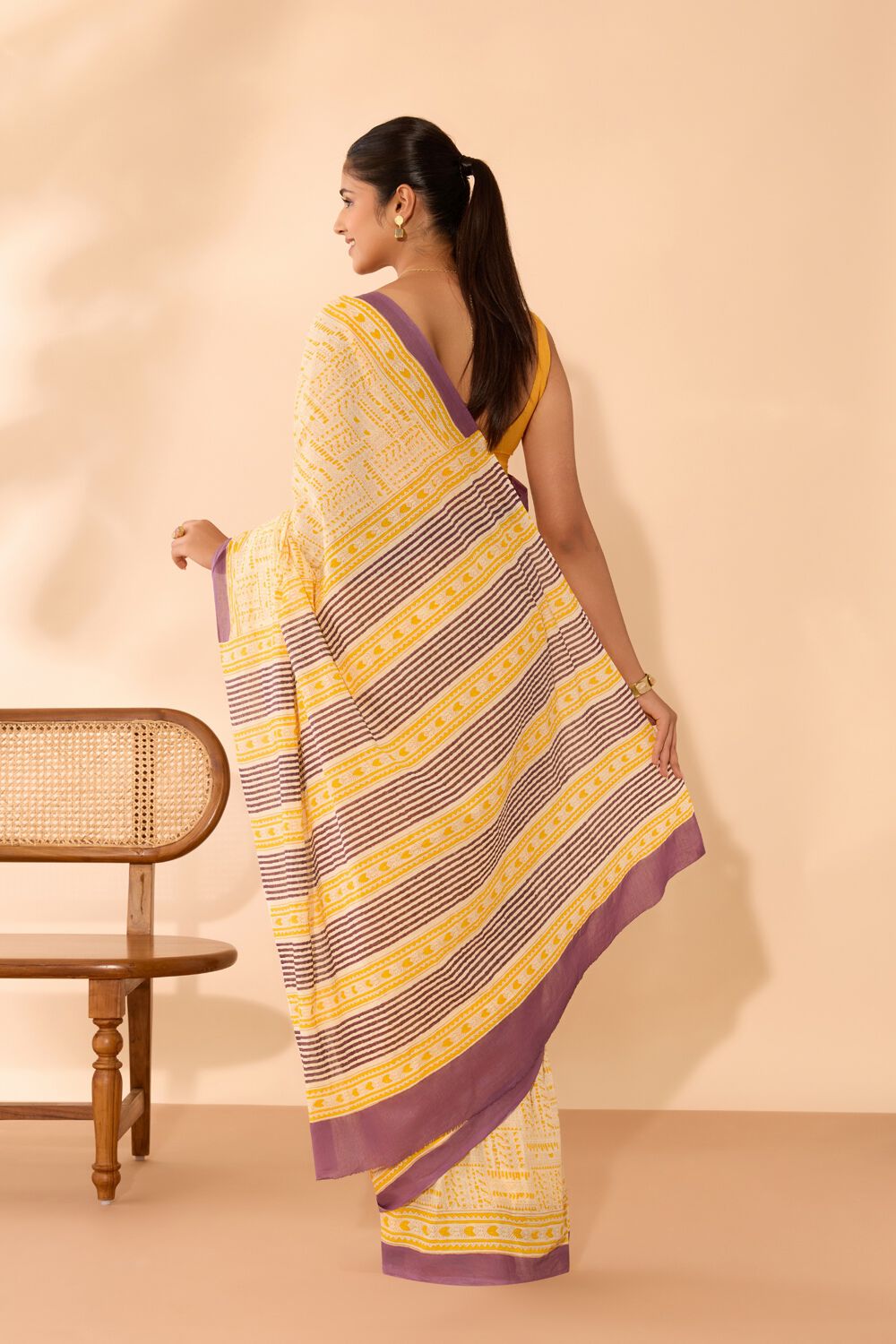 Light Yellow Mulmul Block Printed Bengal Saree image number null