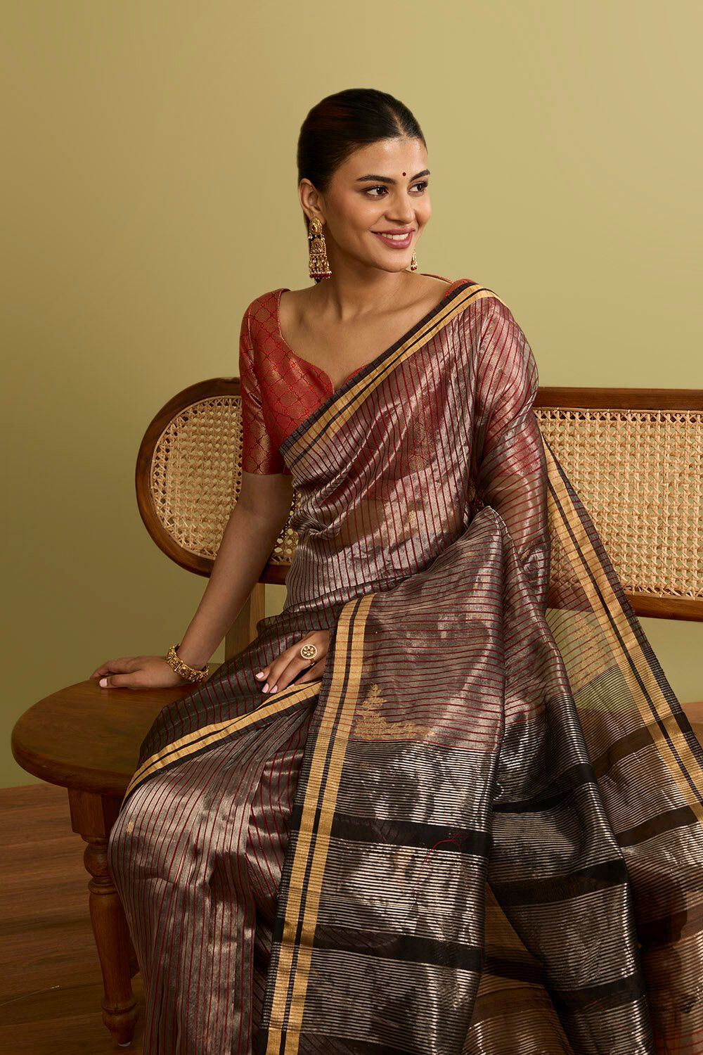 Dark Red Woven Pure Silk Tissue Chanderi Saree image number null