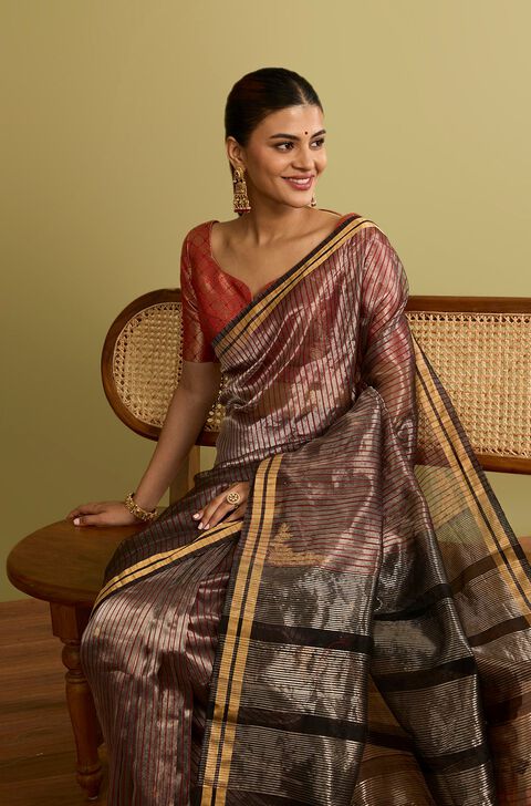 Dark Red Woven Pure Silk Tissue Chanderi Saree