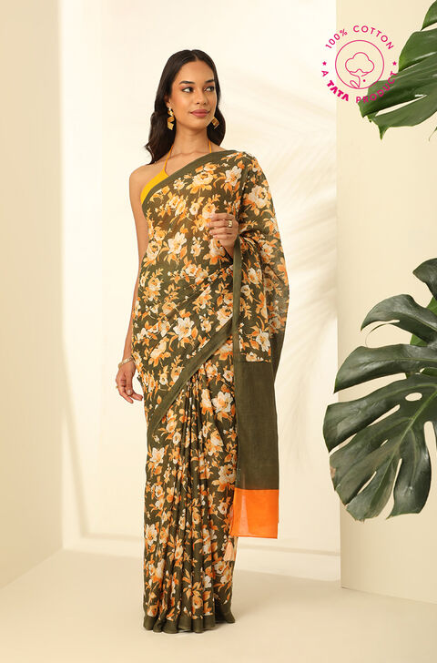 Green Pure Cotton Mulmul Printed Saree