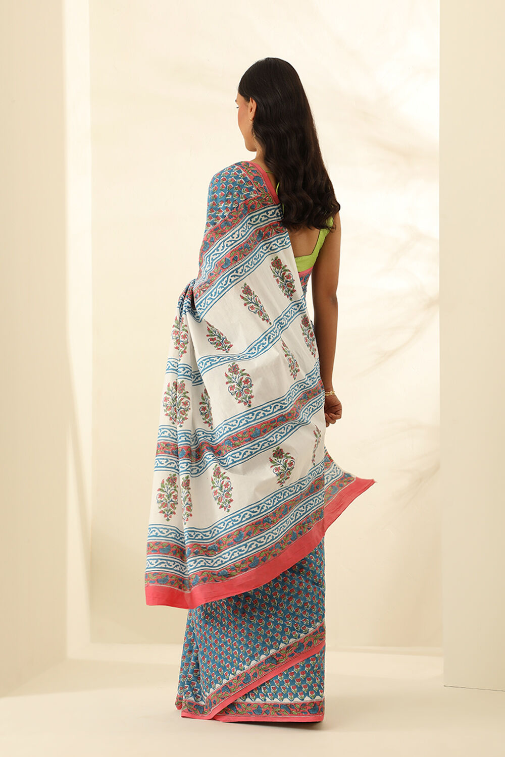 Blue Pure Cotton Bagru Block Printed Saree image number null