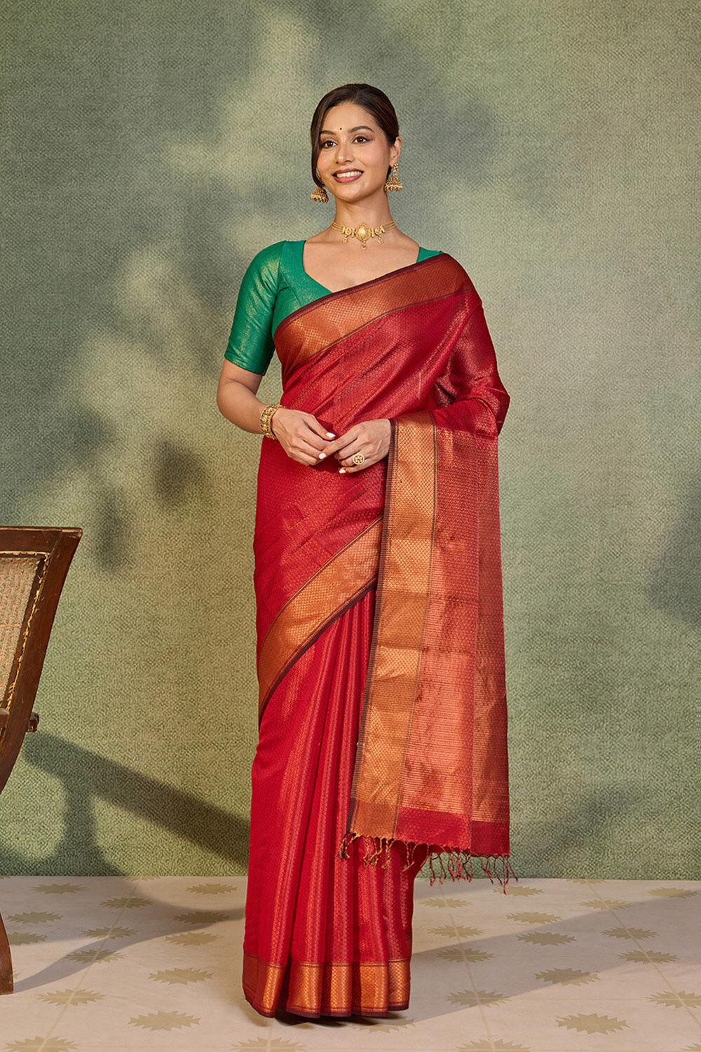 Red Brocade Pure Silk Cotton Maheshwari Saree image number null