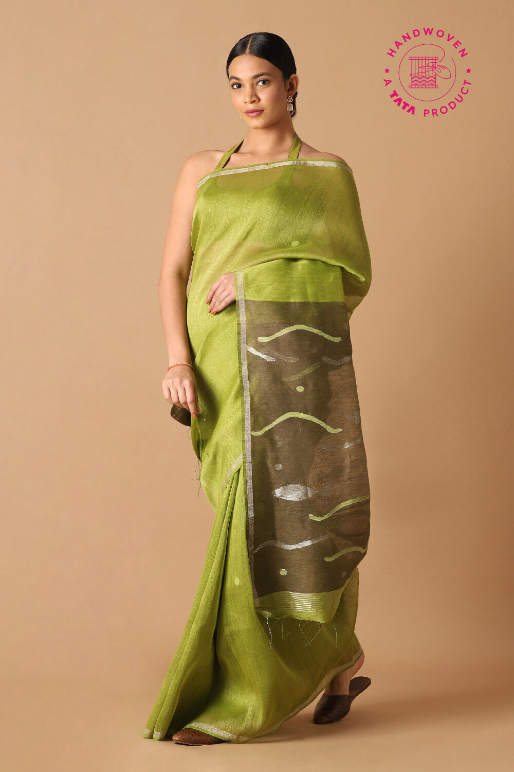 Light Green Pure Silk Linen Jamdani Saree image number null