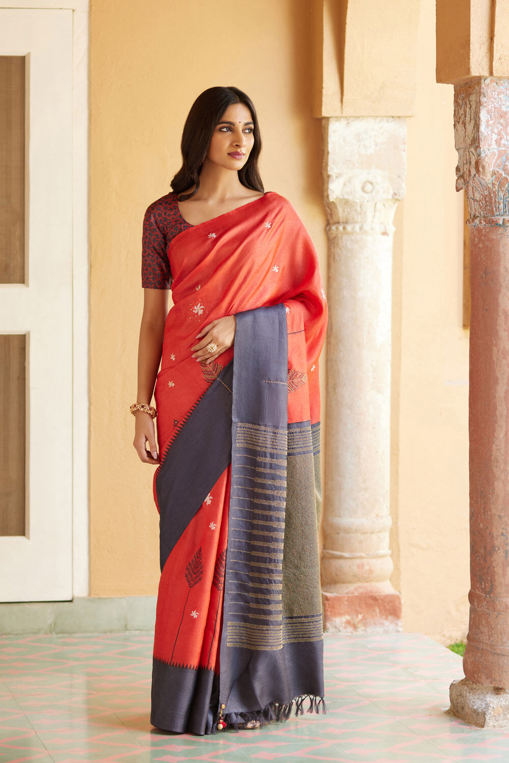 Red Block Printed Pure Tussar Silk Saree image number null