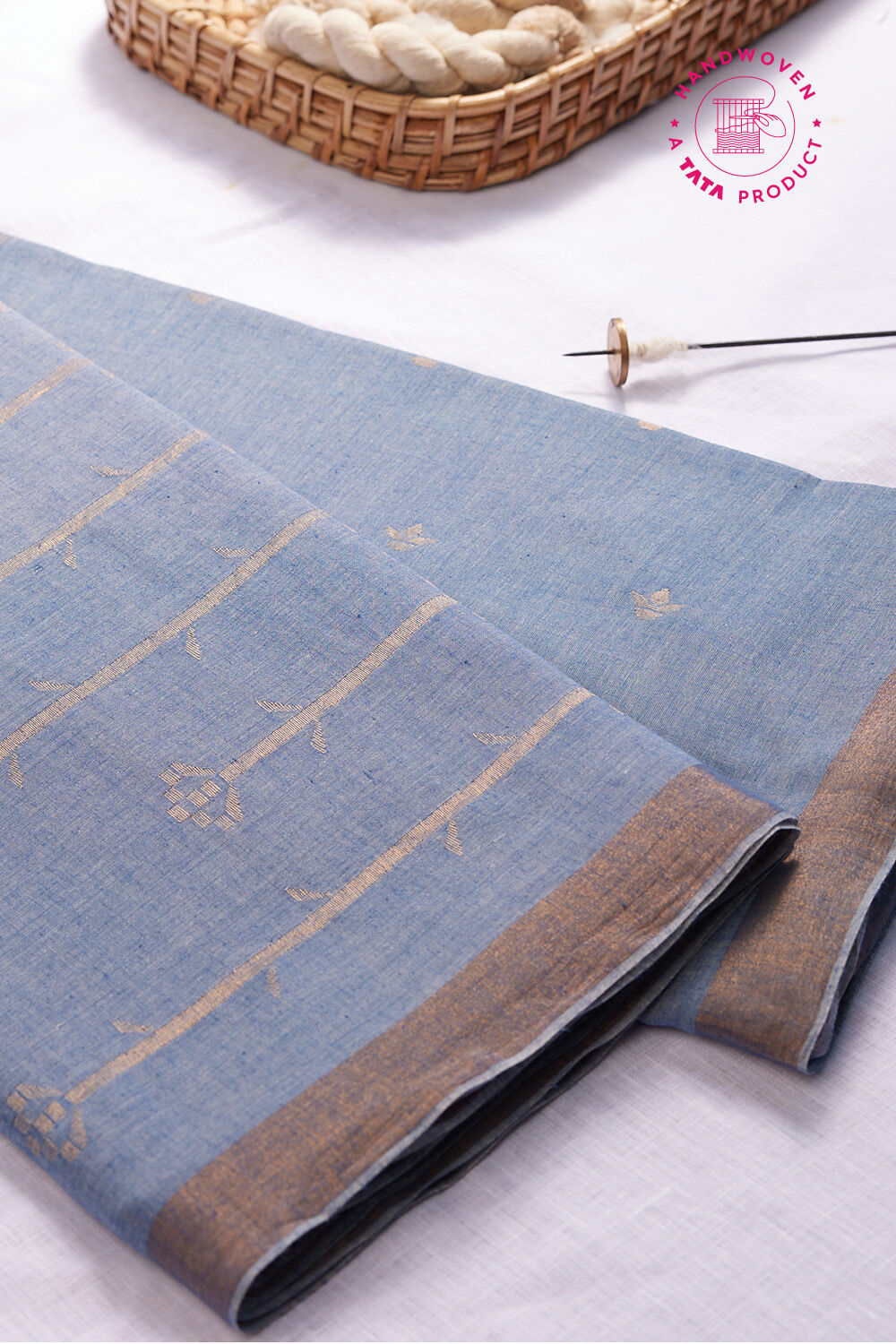 Dark Blue Khadi Cotton Bengal Jamdani Saree image number null