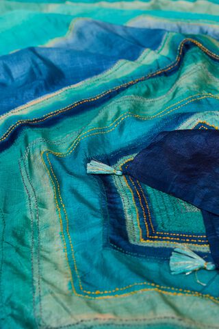 Light Green Bengal Pure Tussar Silk Hand Painted Kantha Saree thumbnail image number null