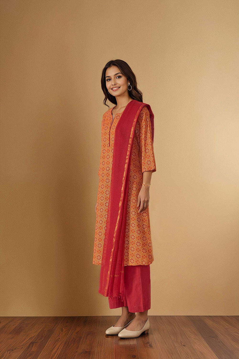 Orange Pure Cotton Screen Printed Kurta Set image number null
