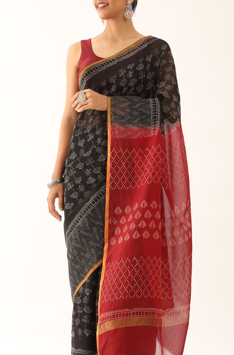 Black Craft Pure Silk Kota Block Print Saree