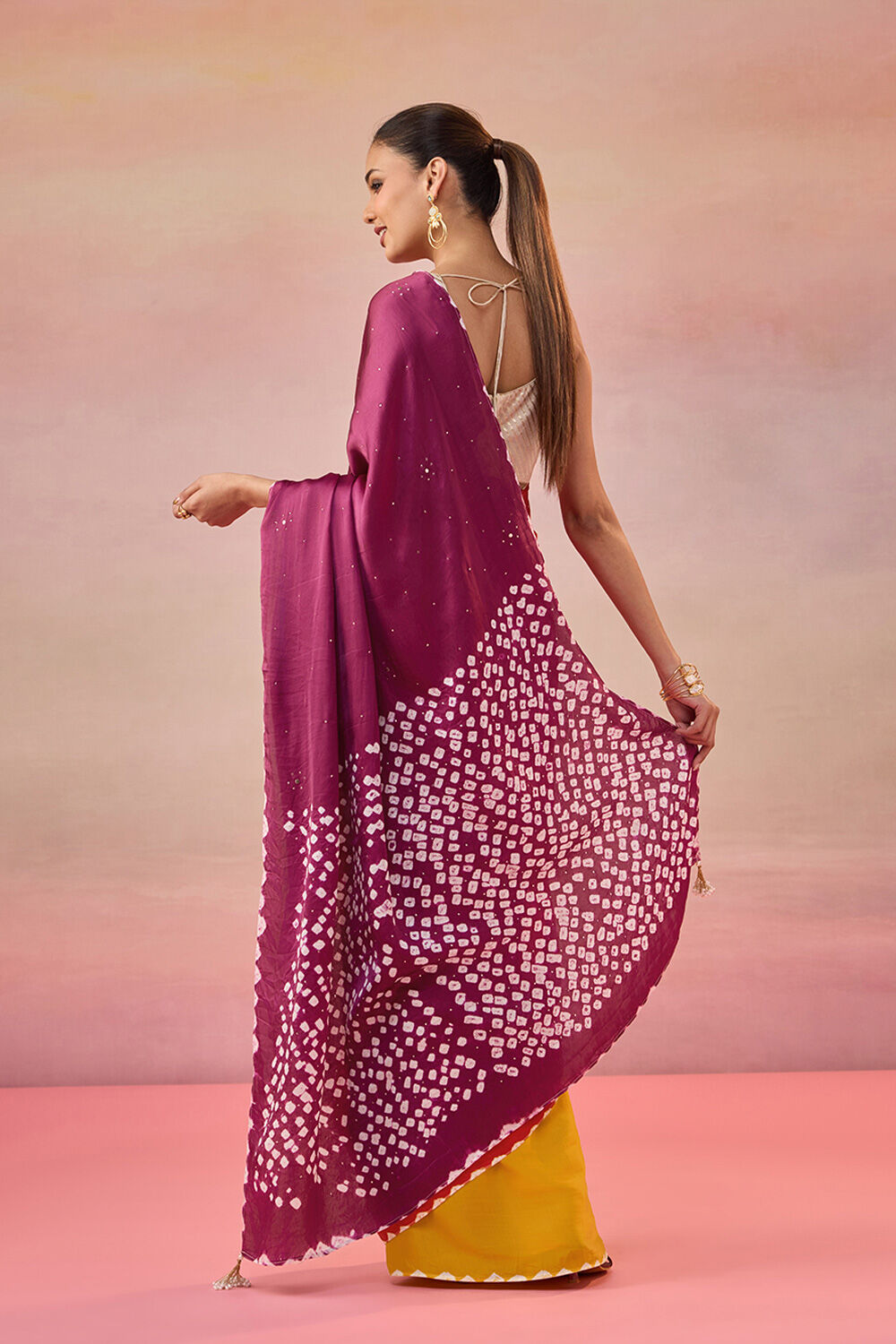 Orange Gujarat Pure Satin Tie & Dye Mukaish Saree image number null