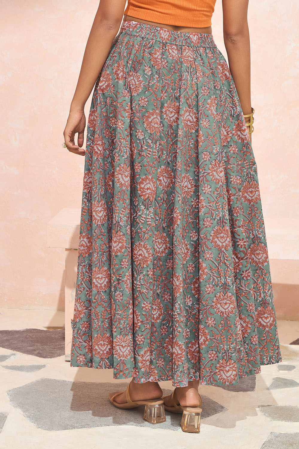 Dark Green Block Printed Pure Cotton Skirt image number null