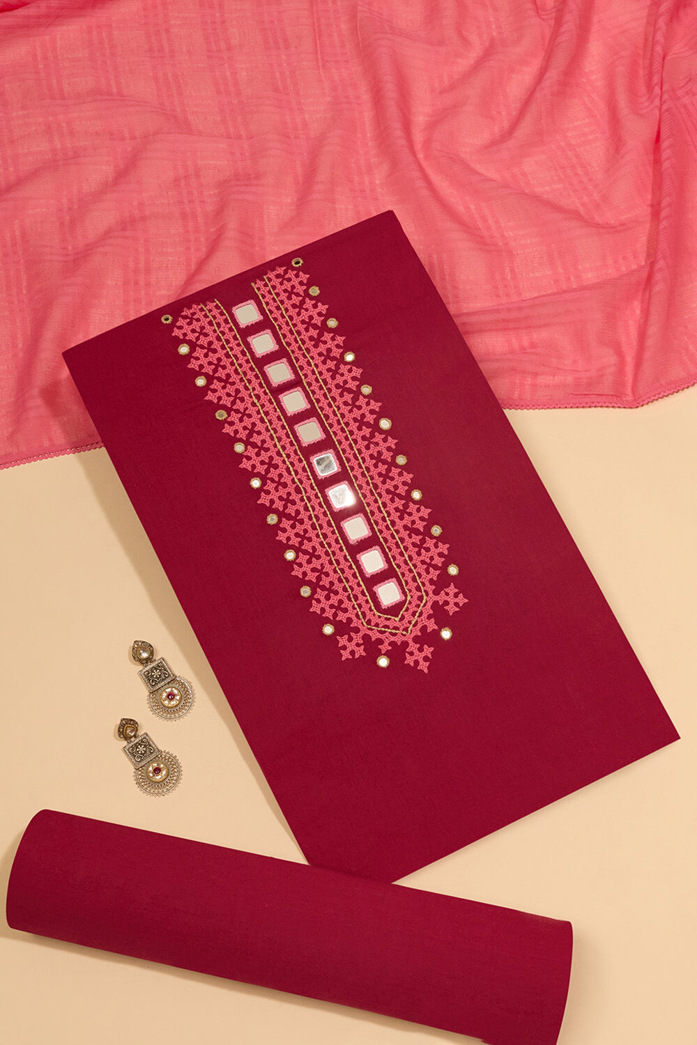 Pink Pure Cotton Embroidered Unstitched Suit Set image number null