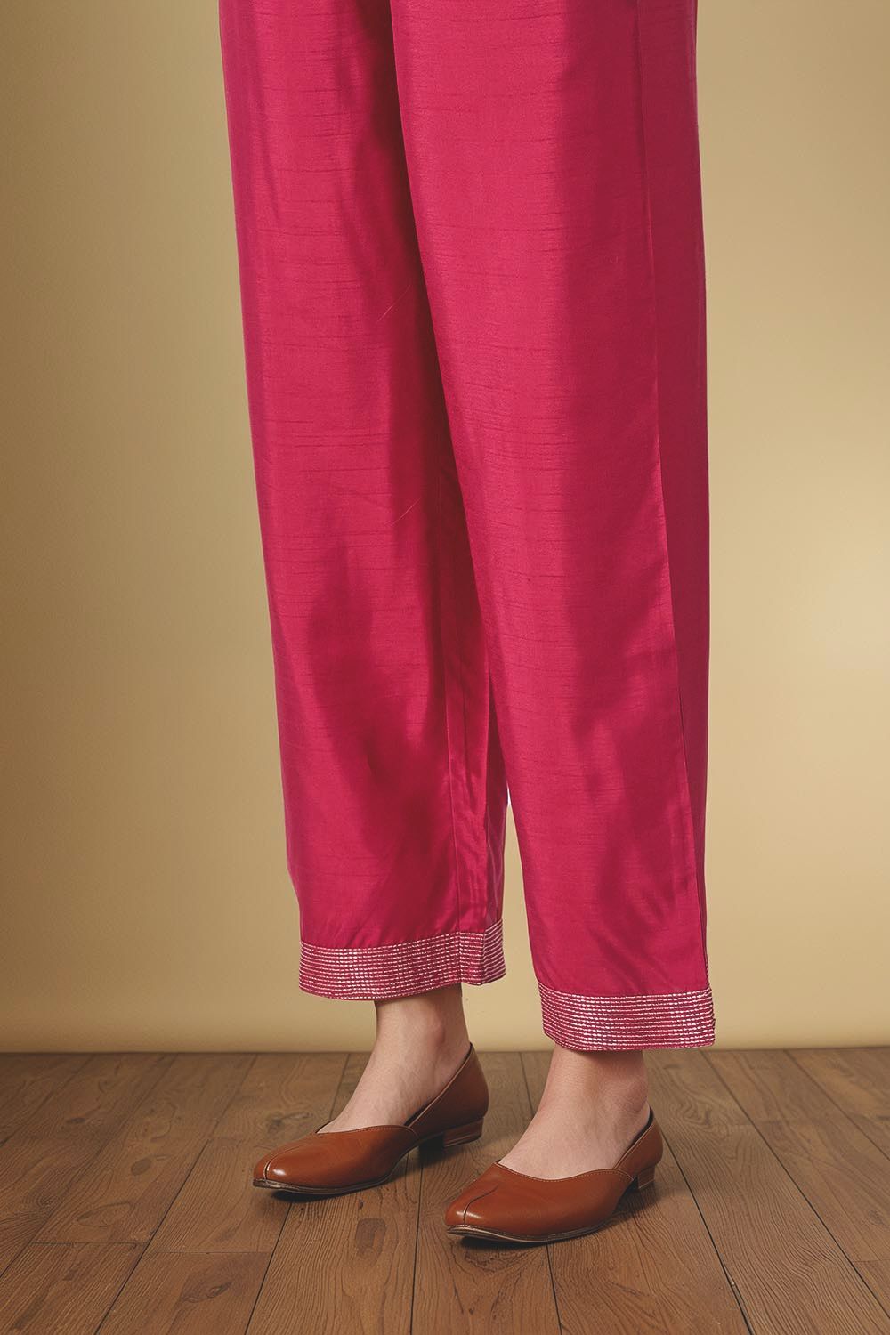 Dark Pink Viscose Embroidered Trouser image number null