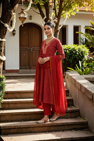 Red Pure Cotton Screen Printed Kurta Set image number
