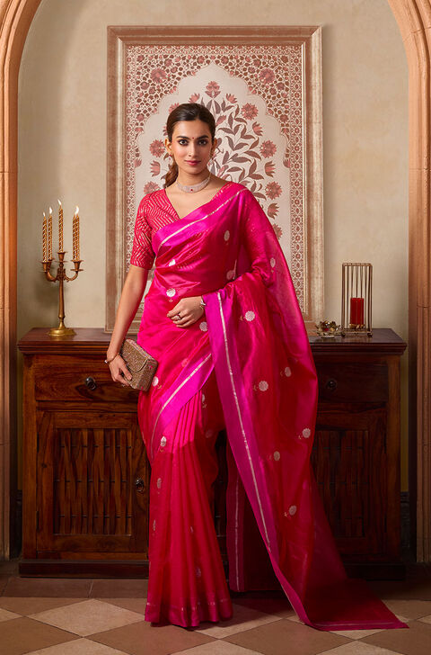Dark Pink Woven Pure Silk Chanderi Saree