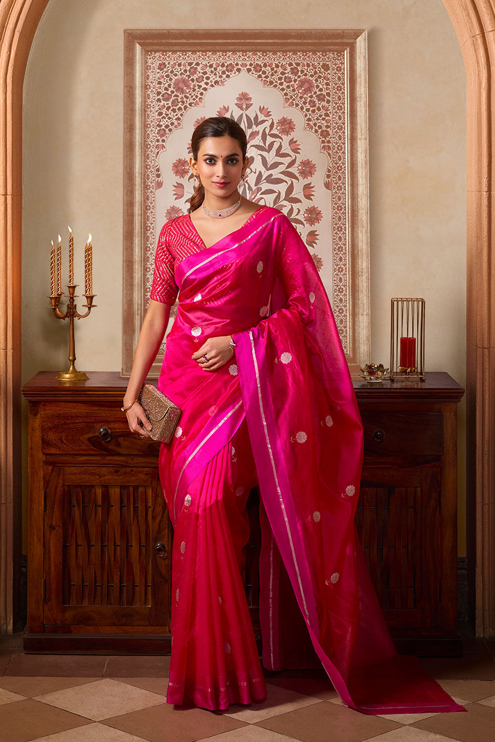 Dark Pink Woven Pure Silk Chanderi Saree image number null