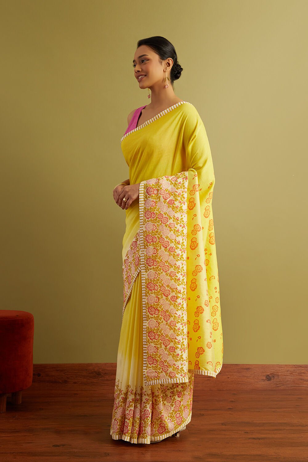 Yellow Block Printed Viscose Luxe Saree image number null