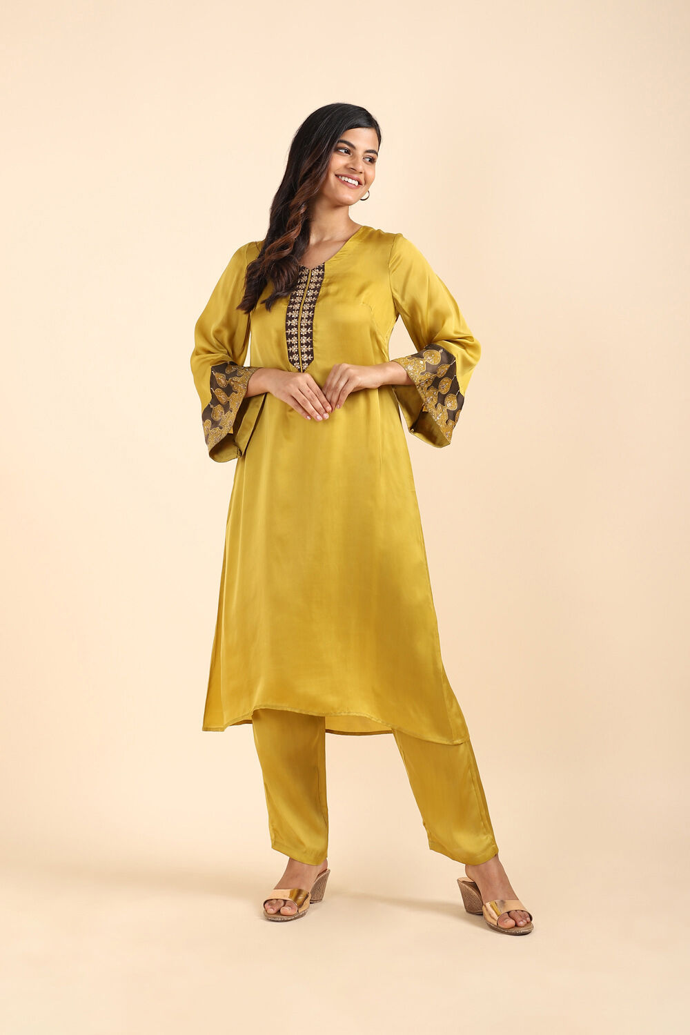 Yellow Viscose Embroidered Kurta Set image number null