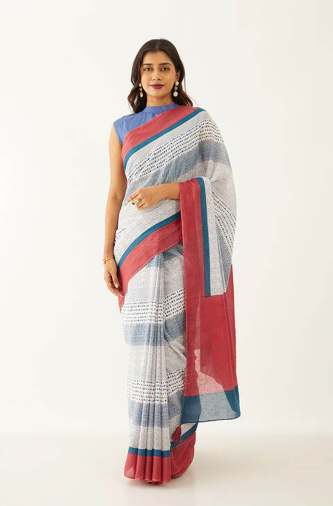 Off White Pure Cotton Mulmul Printed Bengali Saree