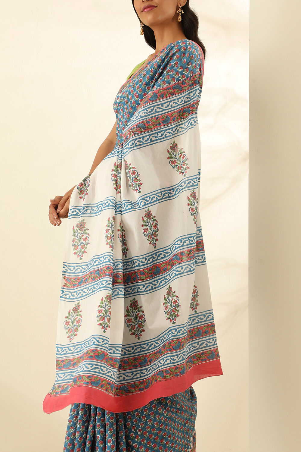 Blue Pure Cotton Bagru Block Printed Saree image number null