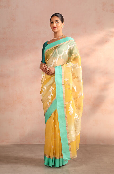 Yellow Pure Silk Organza Kadwa Banarasi Saree