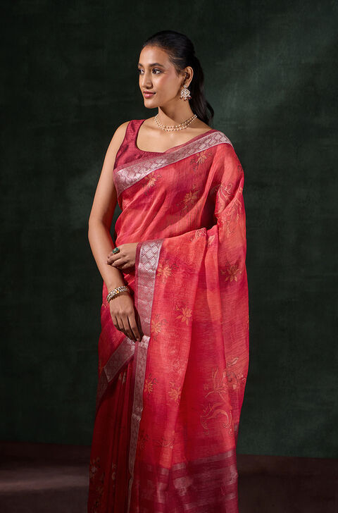 Dark Red Printed Pure Silk Linen Saree