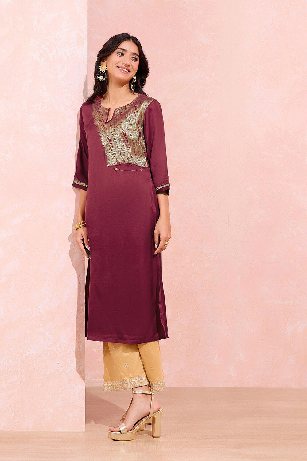 Dark Pink Viscose Brocade Kurta image number null