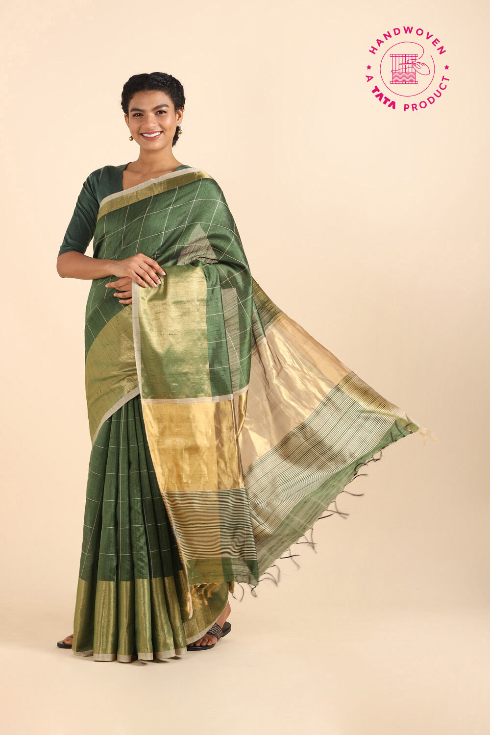 Green Pure Tussar Silk Bhagalpuri Saree image number null