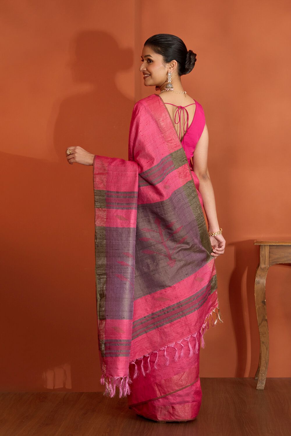 Pink Bhagalpur Woven Pure Tussar Silk Saree image number null
