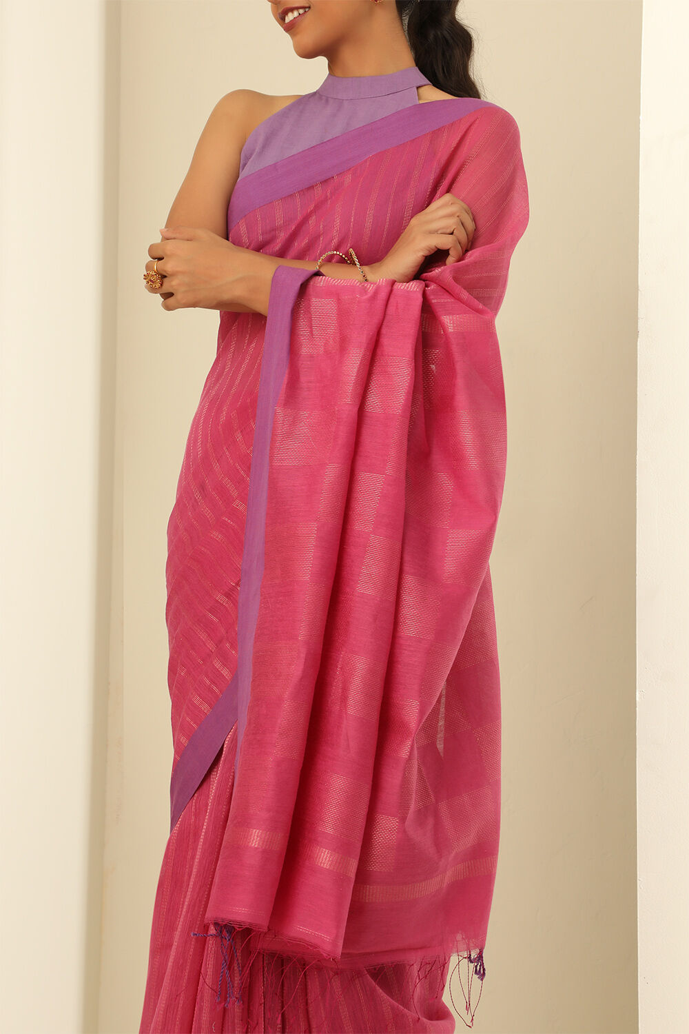 Pink Pure Silk Cotton Woven Bengali Saree image number null