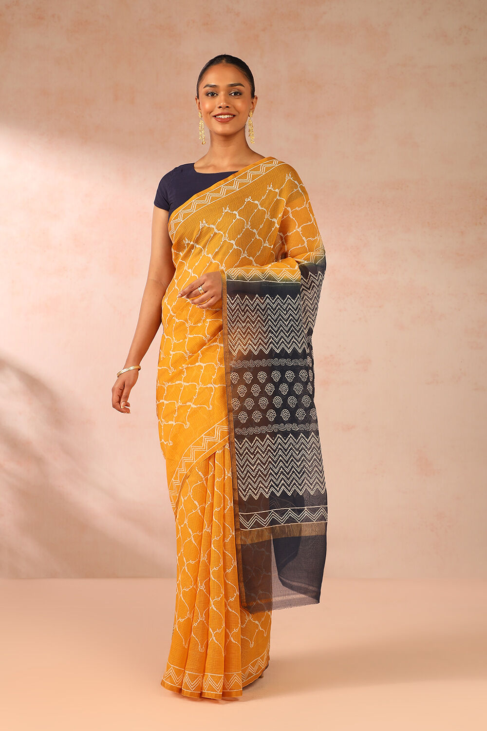 Yellow Rajasthan Block Printed Pure Silk Kota Saree image number null