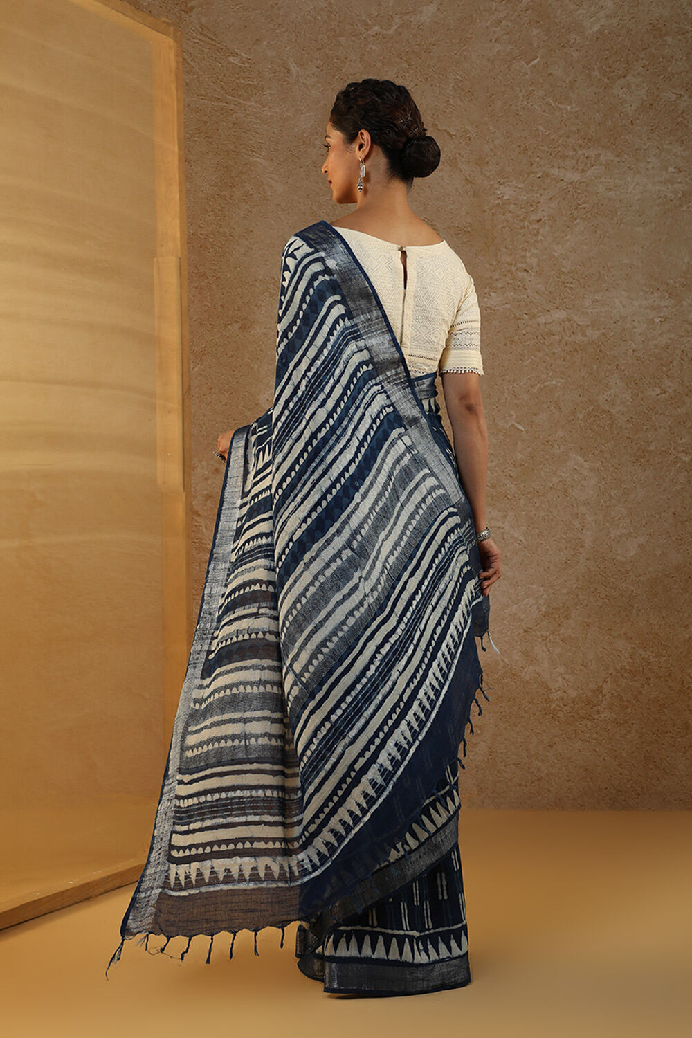 Blue Block Printed Pure Cotton Linen Saree image number null