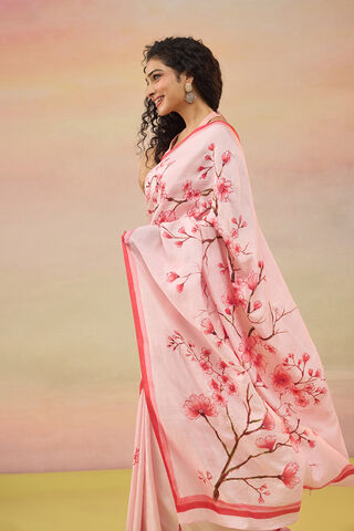 Light Pink Bengal Pure Silk Hand Painted Embroidered Saree thumbnail image number null