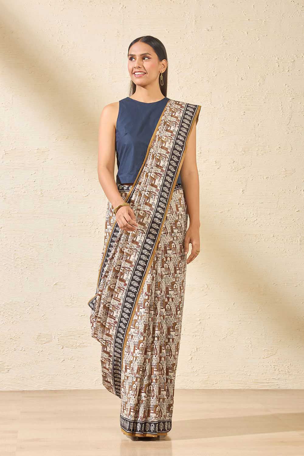 Beige Bagru Block Printed Pure Cotton Saree image number null