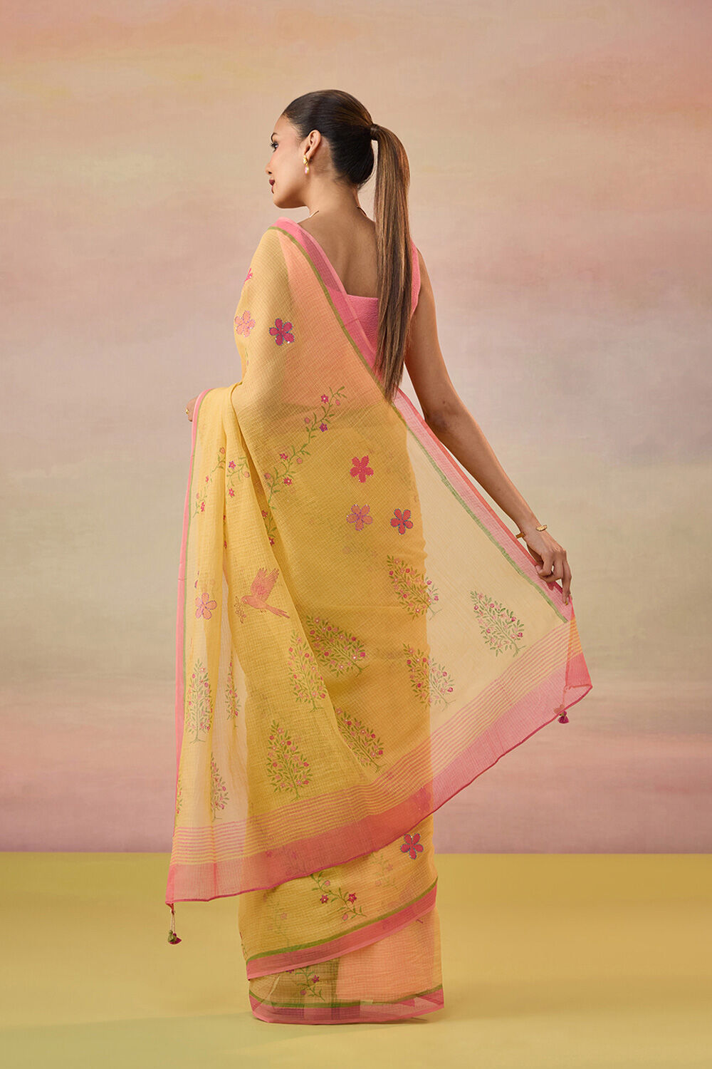 Yellow Hand Painted Embroidered Pure Kota Bengal Saree image number null