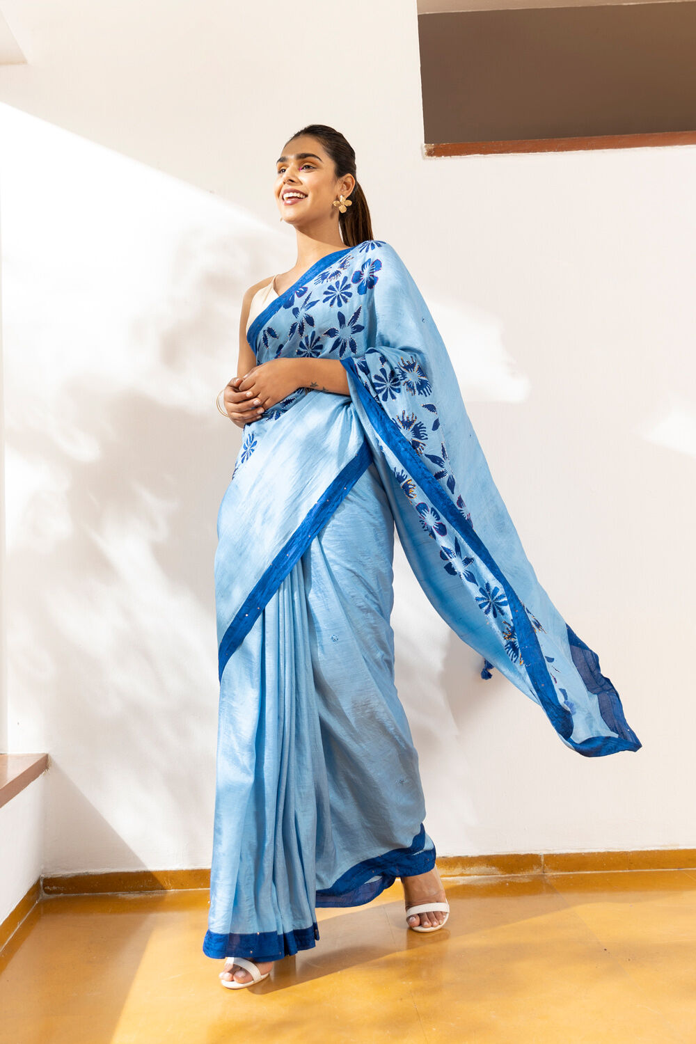 Light Blue Pure Silk Hand Painted Saree image number null