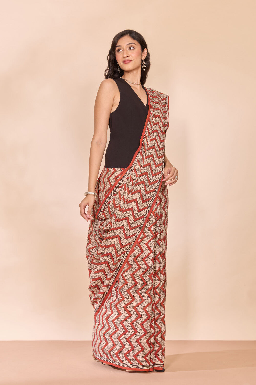 Dark Red Rajasthan Block Printed Pure Cotton Saree image number null