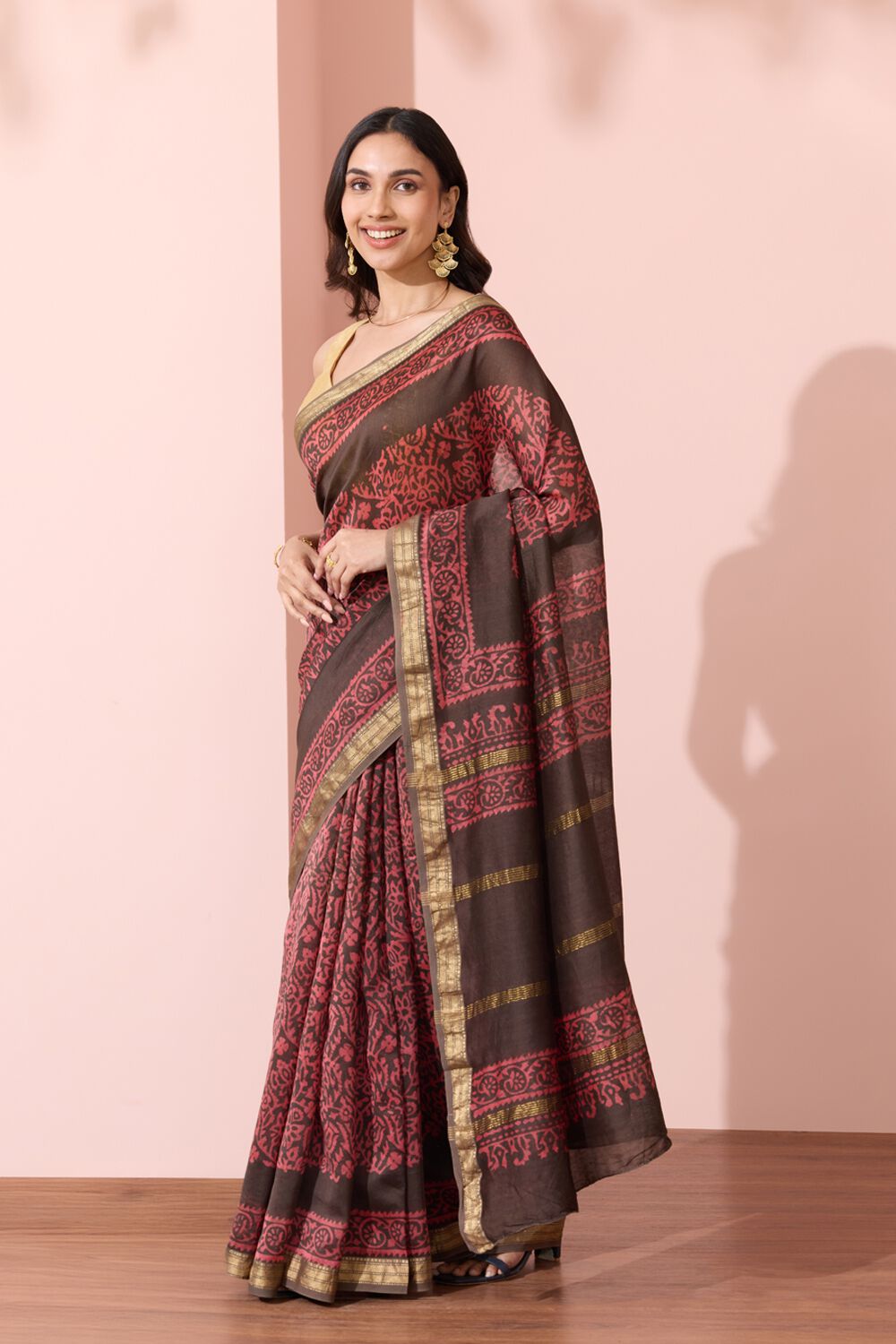 Light Orange Ujjain Pure Silk Cotton Batik Saree image number null