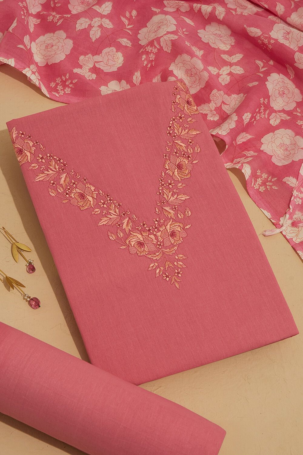 Light Pink Embroidered Pure Cotton Unstitched Suit Set image number null