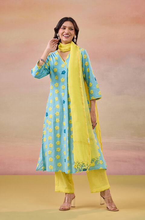 Blue Screen Printed Pure Cotton Kurta Set