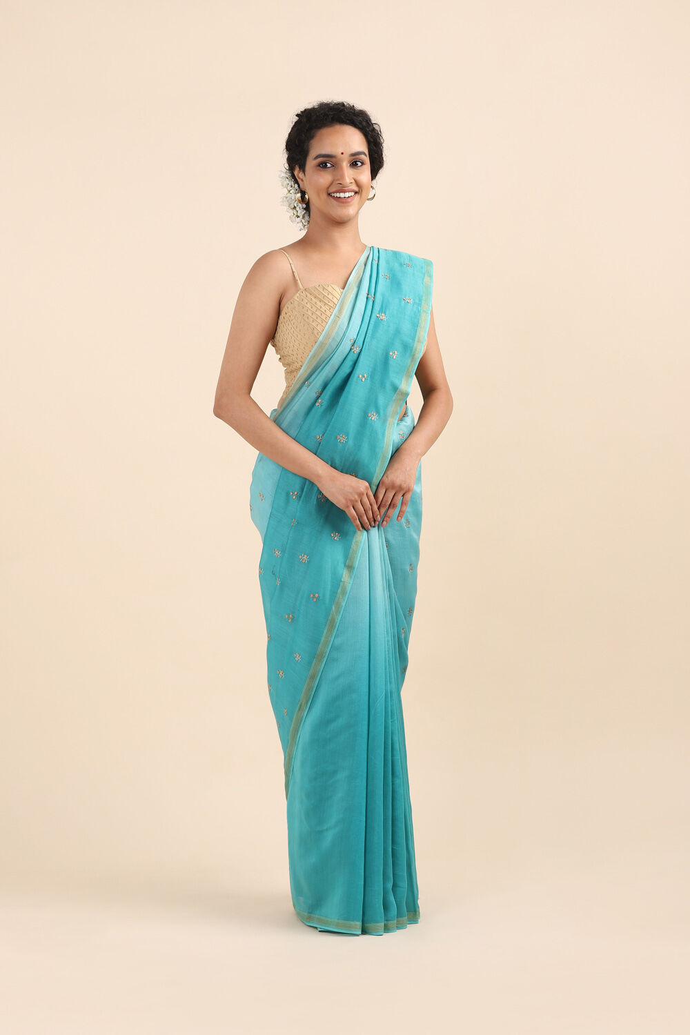 Blue Pure Silk Cotton Embroidered Saree image number null