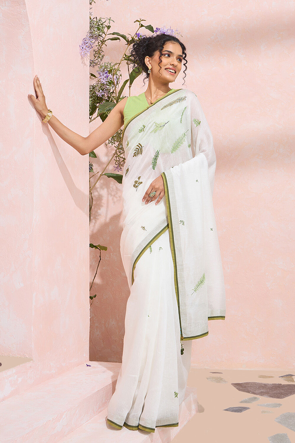Off White Pure Silk Linen Embroidered Saree image number null