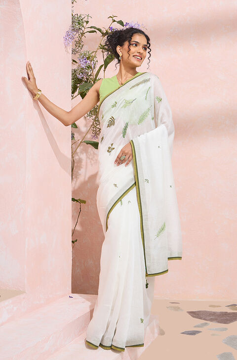 Off White Pure Silk Linen Embroidered Saree