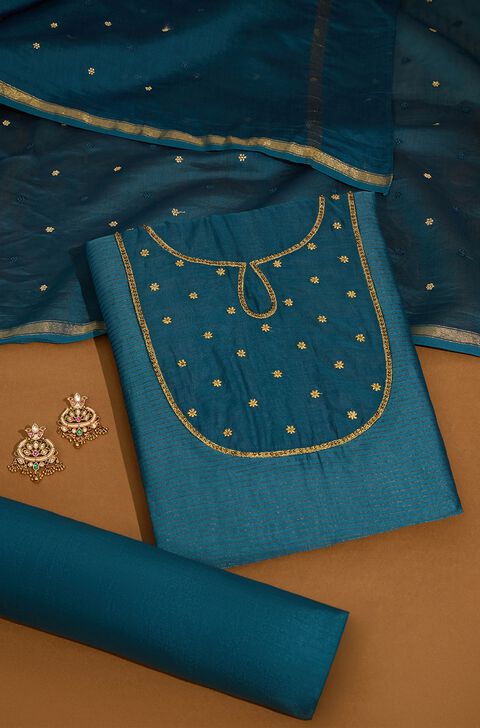 Blue Pure Silk Cotton Embroidered Unstitched Suit Set